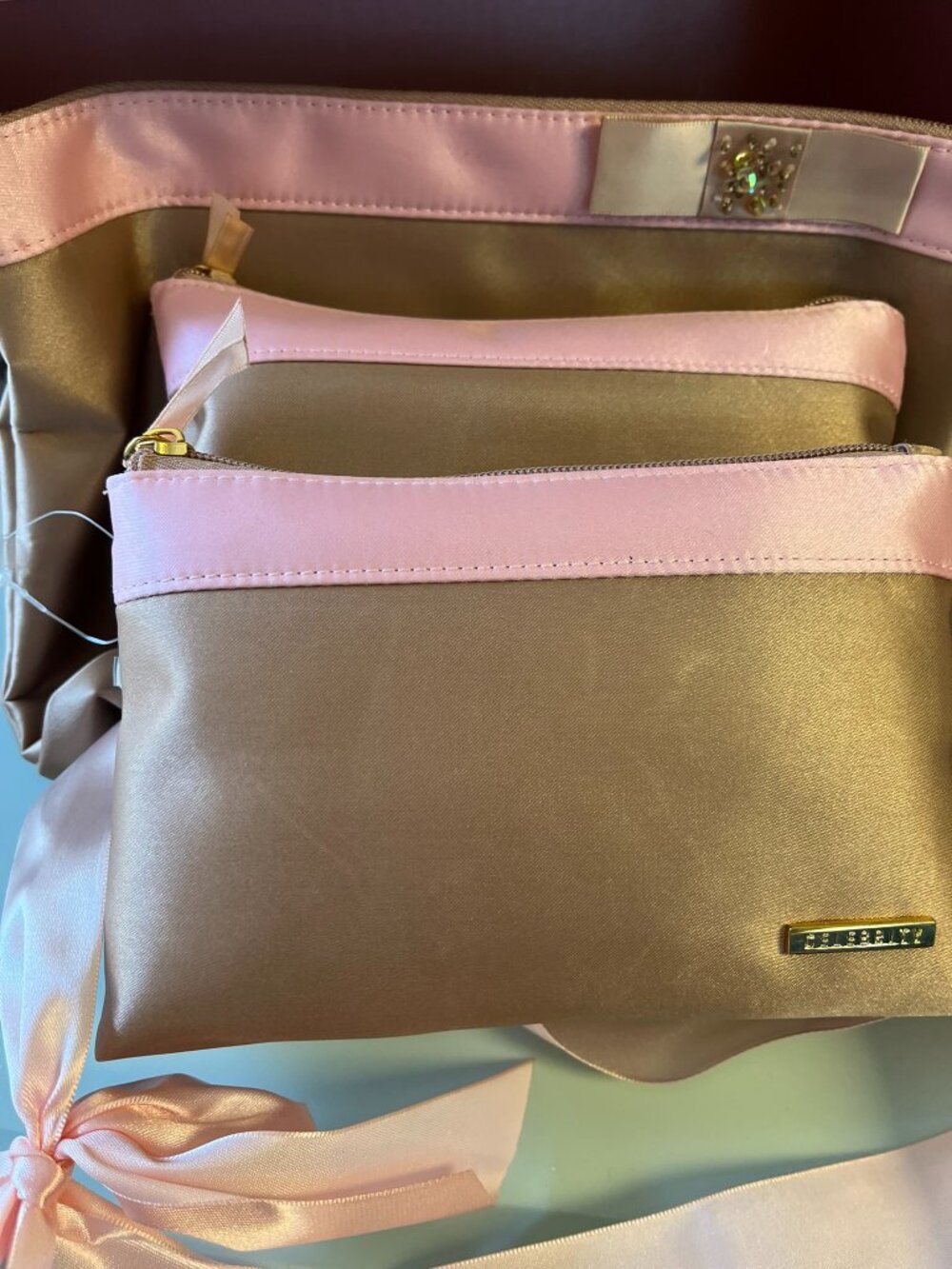Celebrity 3PC Cosmetic Bag Set - Never Used, Satin Tan and Pink